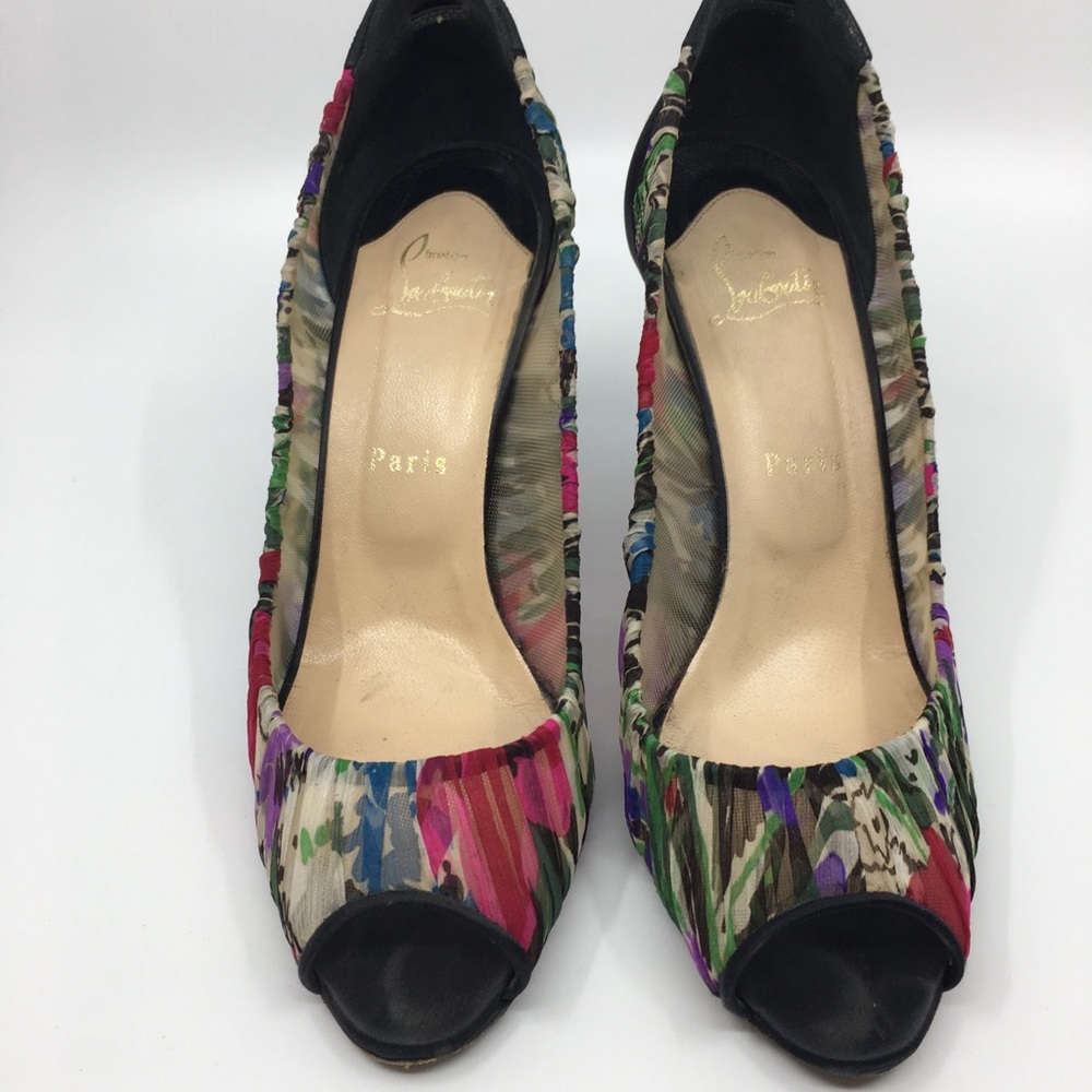 Christian Louboutin floral silk peep toe pumps